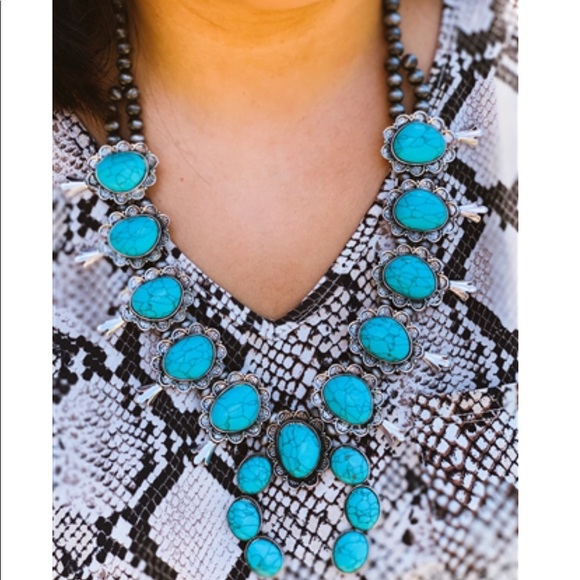 🆕 TURQUOISE &SILVER SQUASH BLOSSOM NECKLACE - Picture 3 of 5